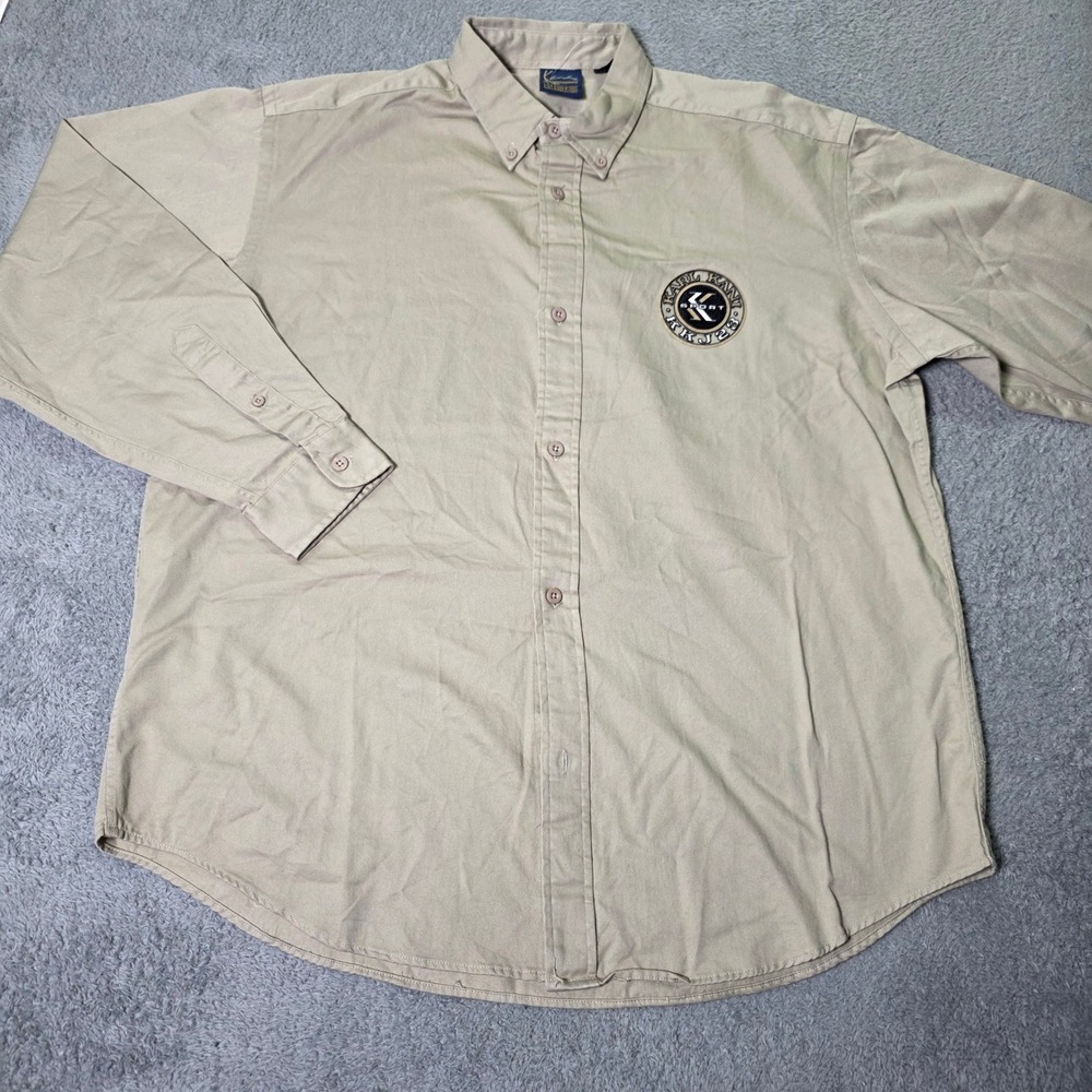 Karl Kani Mens Large Button Down Shirt Tan Long Sleeve Sport Logo 90s Streetwear